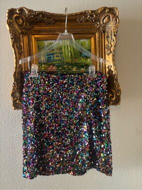 Pink Lily Rainbow Sequined Mini Skirt Multi-Color